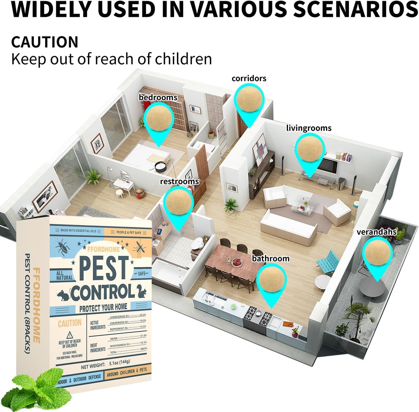 Pest Repellent Balls - Repel Rodent with Peppermint, High-Strength Mice, Mouse, and Rat Repellent - Effectively Deters Spiders, Roaches, Ants, Moths & Pests - 10-Balls