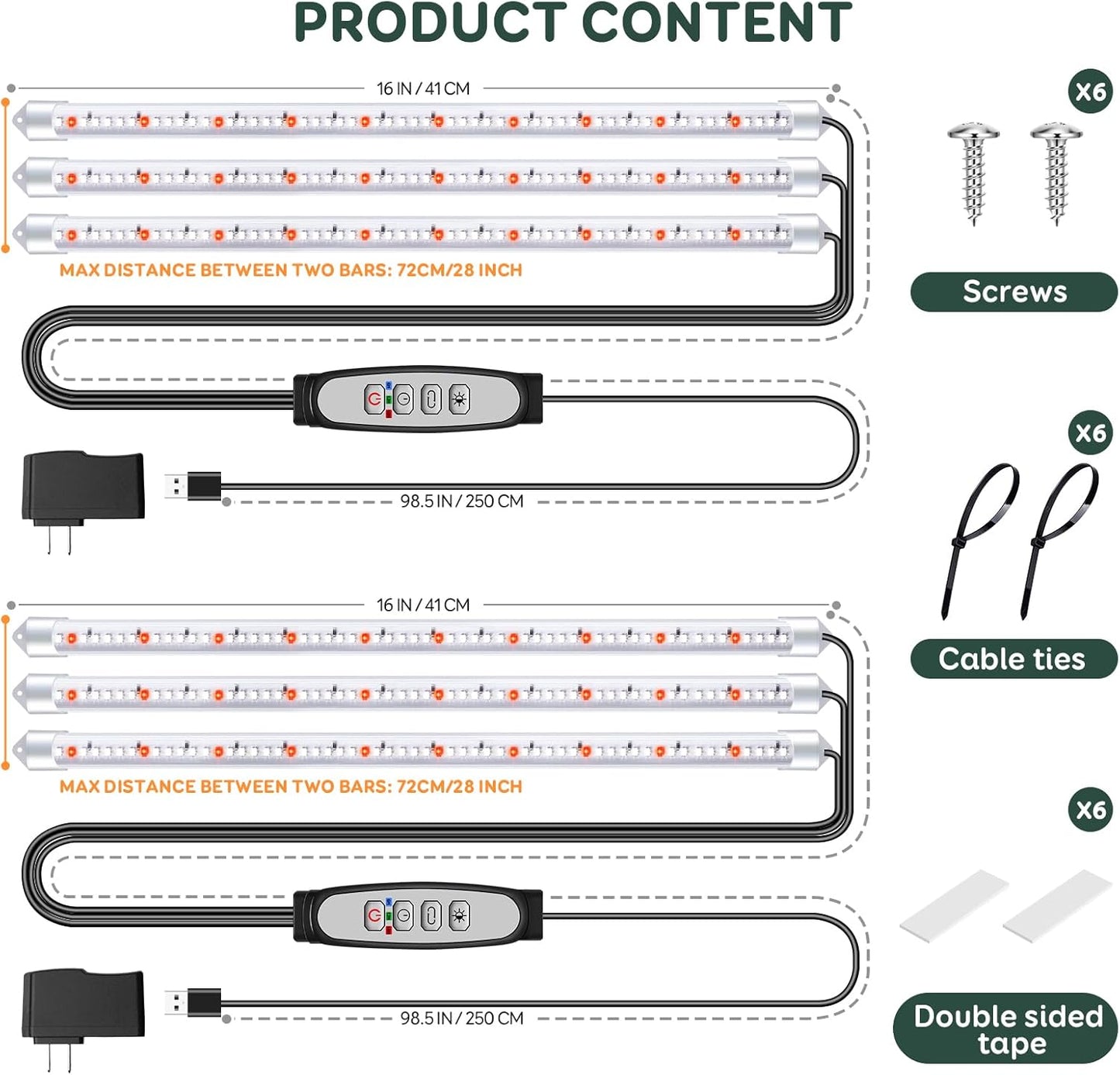 Tri-Bars Grow Light Strips for Indoor Plants with Auto ON/Off Timer 6/12/18H, 5 Dimmable Levels for Shelves Plant Growing(Pack 2)