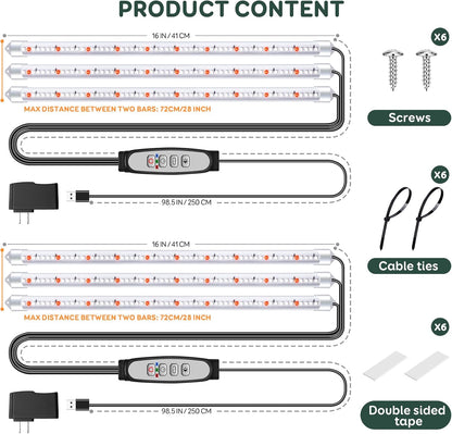 Tri-Bars Grow Light Strips for Indoor Plants with Auto ON/Off Timer 6/12/18H, 5 Dimmable Levels for Shelves Plant Growing(Pack 2)