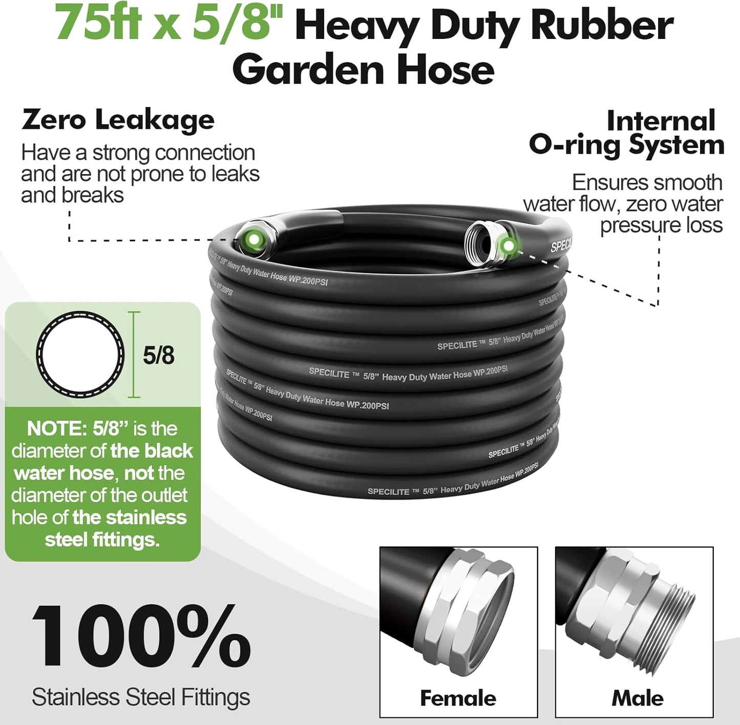 SPECILITE 5/8" Garden Hose 75 ft with High Flow Nozzle, Heavy Duty Flexible Hybrid Rubber Water Hose for Outdoor, Lightweight, Leak-Proof, No-Kink, 3/4"Brass Fittings,Black