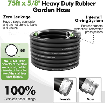 SPECILITE 5/8" Garden Hose 75 ft with High Flow Nozzle, Heavy Duty Flexible Hybrid Rubber Water Hose for Outdoor, Lightweight, Leak-Proof, No-Kink, 3/4"Brass Fittings,Black
