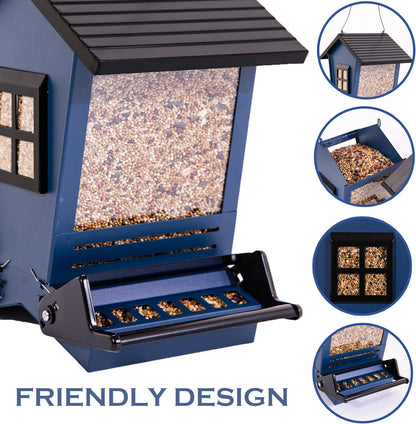 LSCQYYCC-Bird Feeder Squirrel Proof Metal Hanging for Outdoor Wild Bird Seed, with Bilateral Weight-Activated Perches, Large Feeder That Attracts Cardinals, Chickadees, and More Birds-One in Blue