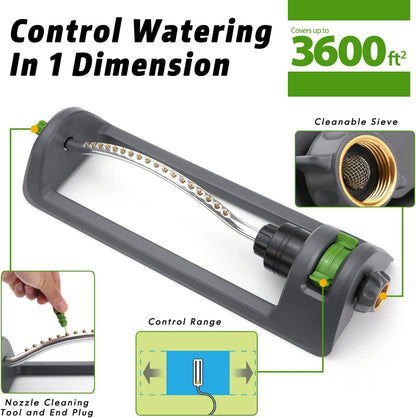 Lawn Sprinkler, 18-Hole Brass Nozzle Oscillating Sprinkler, Garden Tool for Lawns up to 3,600 Square Feet, Jet Cleaning Needle Hidden on The End of The Product, Gray