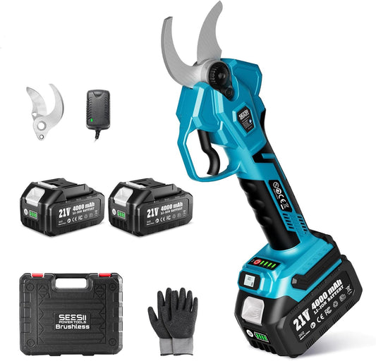 SEESII Electric Pruning Shears Cordless: 1.6" Cutting Diameter Power Pruner - 2 Pcs 4.0Ah Batteries, Brushless Motor, Extra SK5 Blade, 4 Modes Adjustable Branch Cutter for Tree Flower Trimming