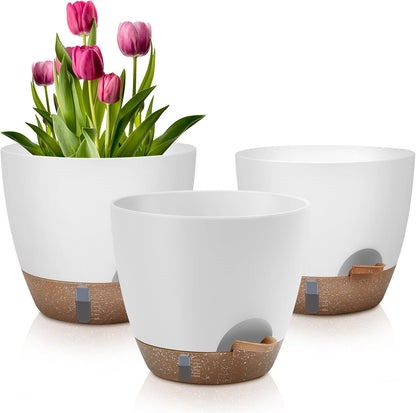Self-Watering Plant Pots with Water Level Indicator, Drainage Holes & Saucers – 12/10/9 Inch Large Plastic Planter Set for Indoor & Outdoor Plants (White)