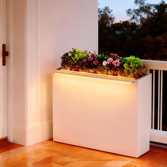 GSK White Metal Planter Box with LED Light Galvanized Versatile Rectagular Light Up Plant Trough Durable Indoor Outdoor Flower Container Porch Patio Tarrace Balcony Garden Home Office Commerical