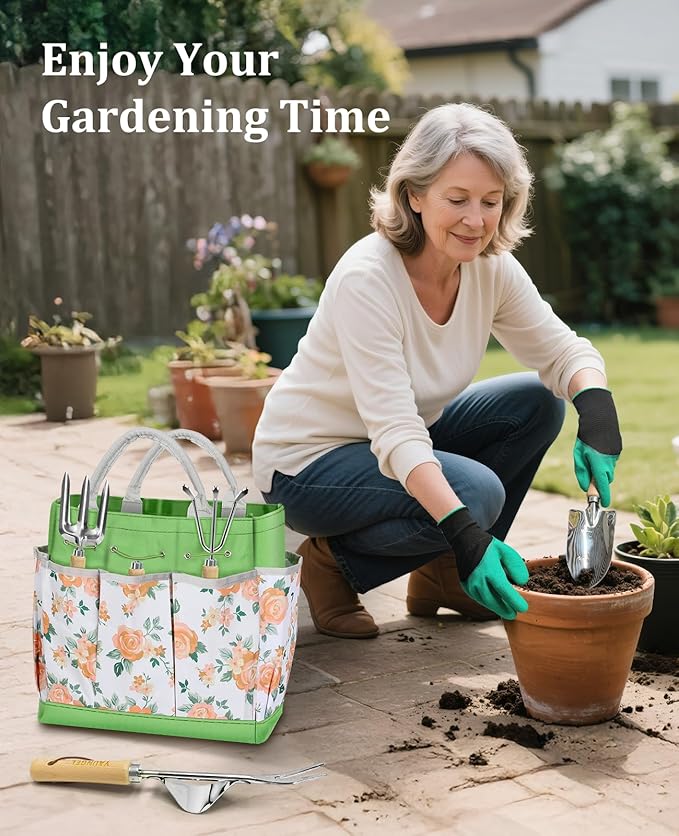 Gardening Tool Set for Women - 10 Piece Heavy Duty Stainless Steel Garden Tools Kit with Ergonomic Non-Slip Handle and Stylish Storage Tote Bag, Ideal Gardening Gifts for Mom, Grandma, Gardeners