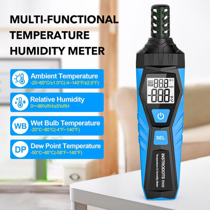 Temperature Humidity Meter - Handheld Thermometer Hygrometer with Ambient, Dew Point, Wet Bulb, High Precision Wet Bulb Thermometer, Dual Display Temperature & Humidity with LCD Backlight