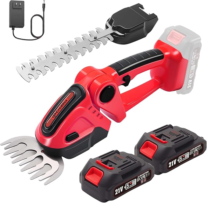 Cordless Hedge Trimmer, 2-in-1 Handheld Electric Hedge Trimmer/Grass Shears for Garden,Yard and Lawns, Shrub Trimmer with 2 PCS Rechargeable Battery&Charger (Red)