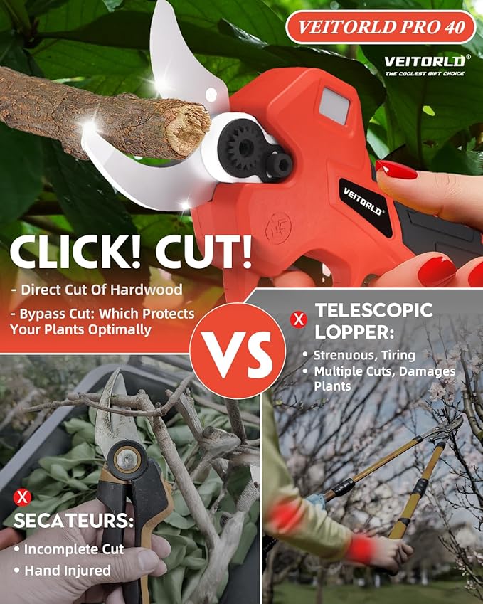 VEITORLD Electric Pruning Shears, Upgraded 1.6" Cutting Diameter Cordless Pruner with Brushless Motor, 2 * 2000mAh Rechargeable Batteries & SK5 Blade, Effortless Garden Pruning Tool for Tree Branches