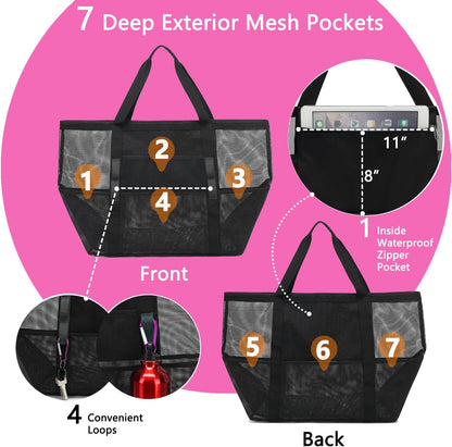 Mesh Beach Bag, Large Beach Tote with Zipper Pocket for Family Pool Bag for Toys & Vacation Essentials