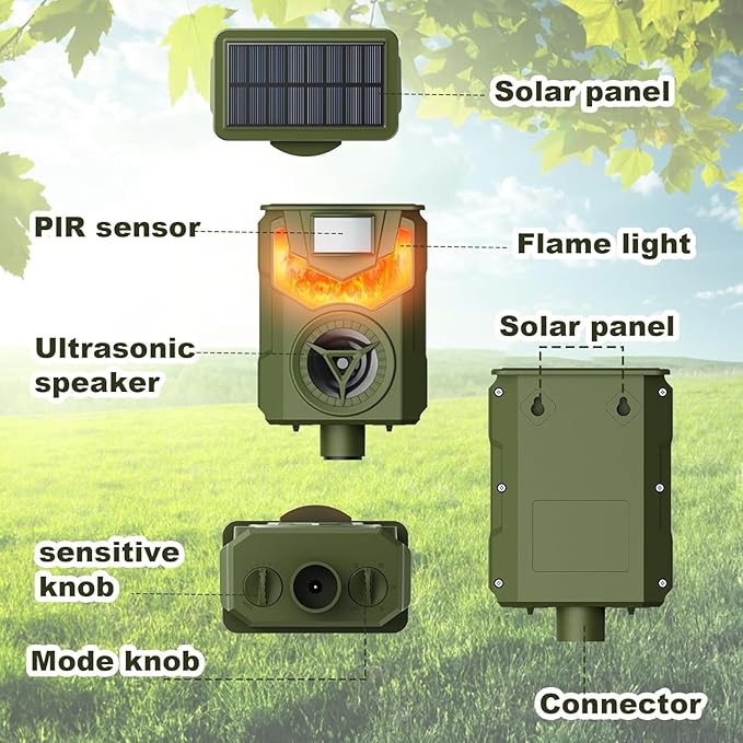 Solar Animal Repeller Ultrasonic Deer Repeller Fox Deterrent with 5 Modes Motion Sensor Flame Light for Repel Squirrel Cat Dog Outdoor Lawn Orchard Garden
