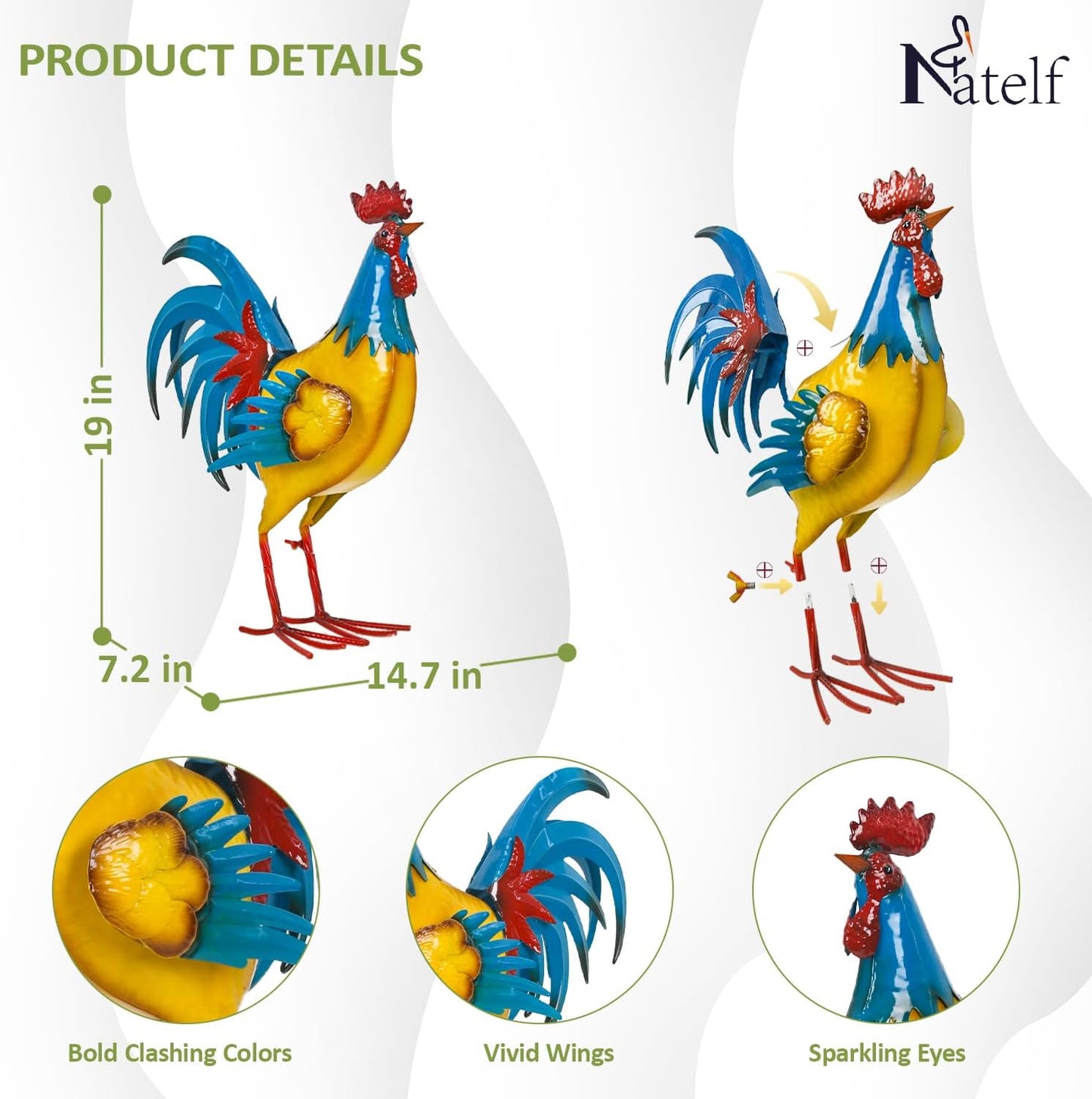 Natelf Rooster Garden Statues Outdoor Decor Metal Chicken Sculpture, Yard Art for Patio, Porch, Backyard-Rustic Farmhouse Decoration Unique Gifts for Mom, Grandma, Garden Lovers