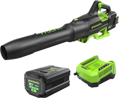 Greenworks 80V (770 CFM/190 MPH) Brushless Cordless Leaf Blower, Commercial-Grade Powerf for Autumn Leaf Composting, Spring Pollen Cleanup and Post-Snow Debris, Includes 4.0Ah Battery & Rapid Charger