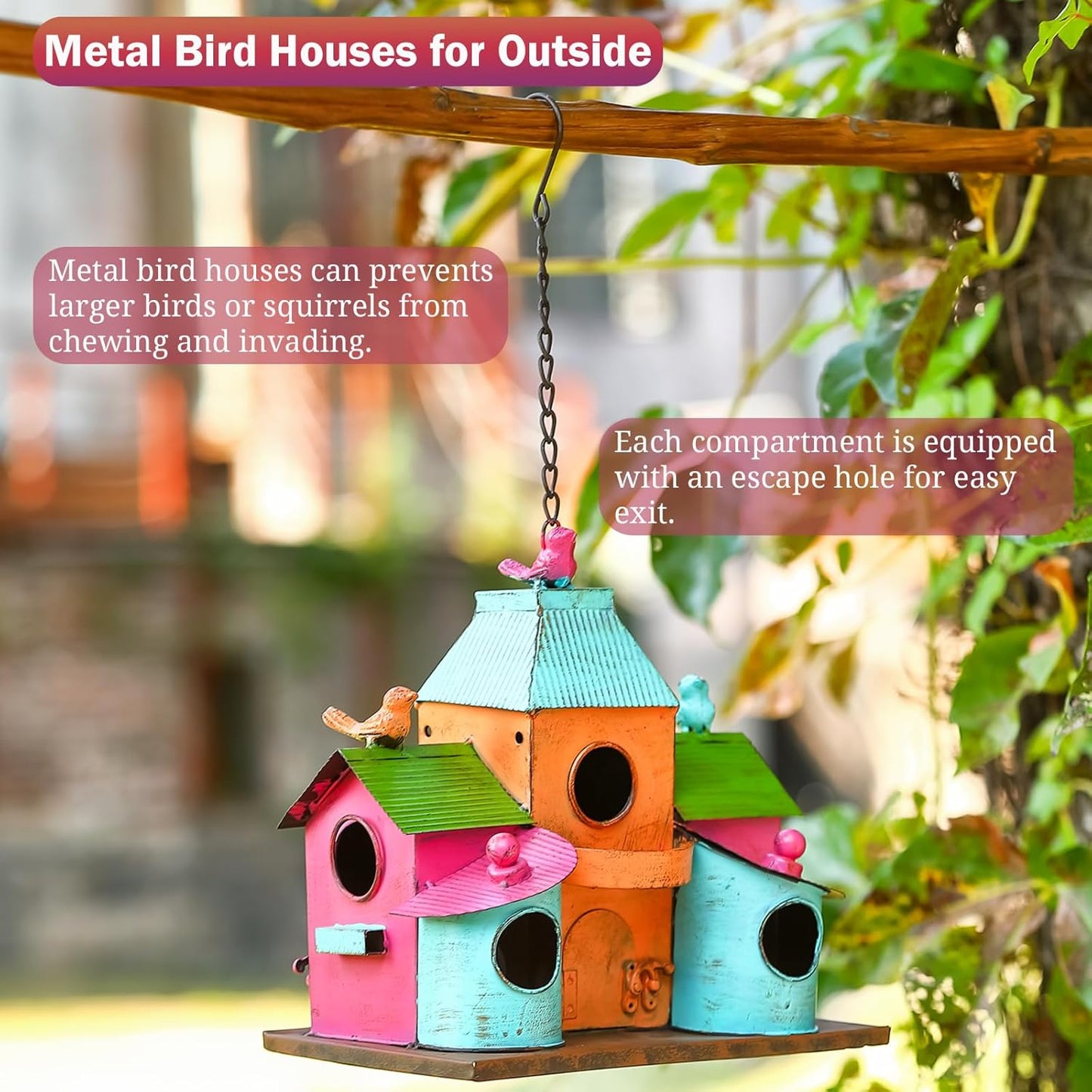 Large Bird Houses for Outside Hanging, Colorful Metal Bird Houses for Outside with 5 Compartments, Easy-Clean Front & Back Doors, Escape Holes & Ventilation, Weatherproof birdhouses for Outdoors
