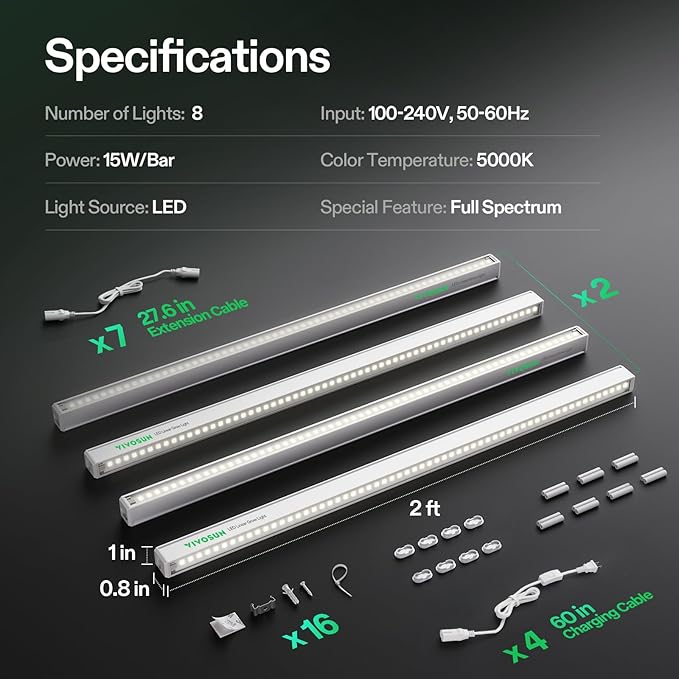 VIVOSUN 2ft Grow Lights for Indoor Plants Full Spectrum, LED Plant Lights 120W(8 X 15W), T5 Grow Light Strip for Seed Starting, Greenhouse, Hydroponics, SGS Compatible, Linkable, 5000K, 8-Pack