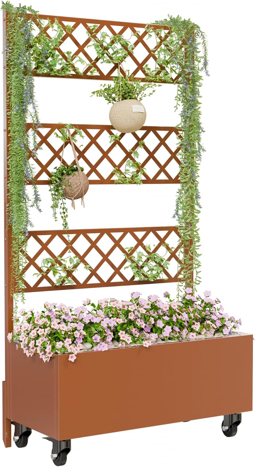 Kinchox Metal Raised Garden Bed with Trellis Outdoor Metal Planter Box with Planting Pockets Garden Box for Climbing Plants Privacy Planters for Patio