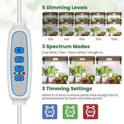 Plant Light, 6 Heads 12V3A Full Spectrum LED Grow Lights for Indoor Plants, 3.5" Under Cabinet Grow Lamp for Small Plants with 6/12/16H Auto Timer, 3 Spectrum Modes, 5 Brightness Levels
