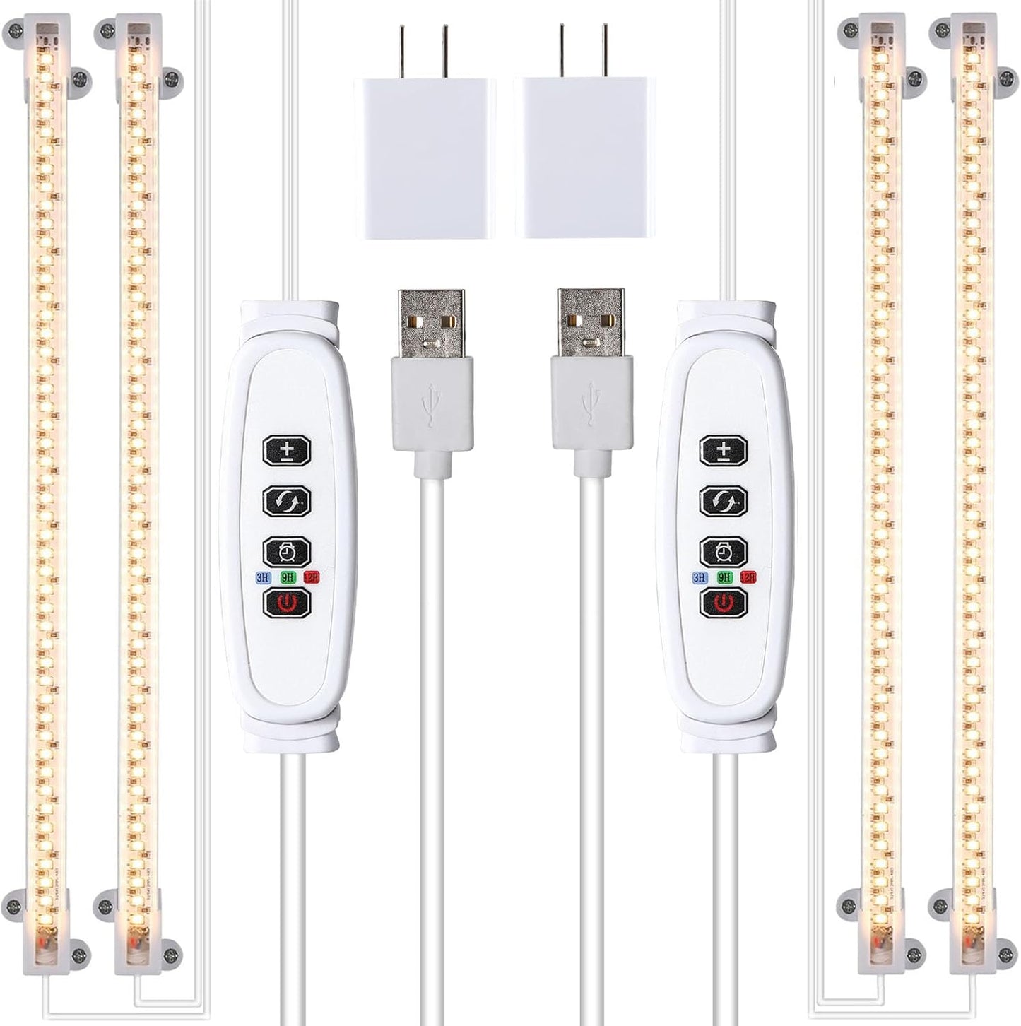 Two Strip Growing Lamp 2-Pack for Indoor Plants, 3500K Full Spectrum LED Grow Light Strips with Auto ON/Off 3/9/12H Timer & 10 Dimmable Levels for Green House Succulent (2 Head×2 Pack)