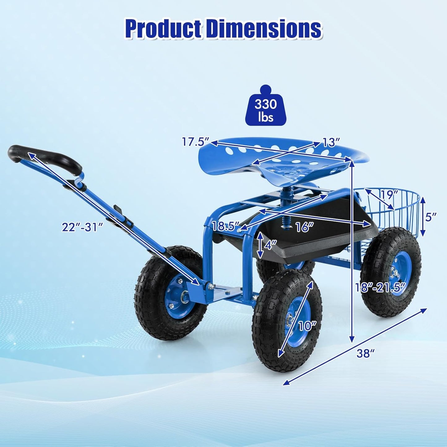 Goplus Rolling Garden Cart with Seat, Outdoor Garden Stool with Wheels, Tool Tray & Basket, Adjustable Steering Handle, 360 Degree Swivel Seat for Planting, Gardening Scooter for Lawn, Yard, Patio