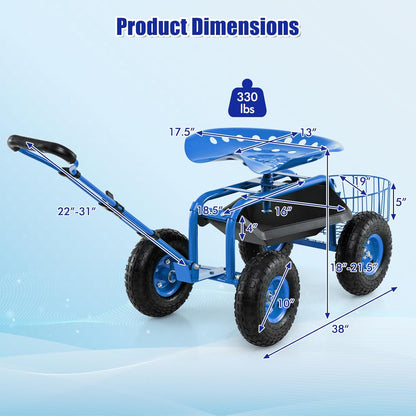 Goplus Rolling Garden Cart with Seat, Outdoor Garden Stool with Wheels, Tool Tray & Basket, Adjustable Steering Handle, 360 Degree Swivel Seat for Planting, Gardening Scooter for Lawn, Yard, Patio