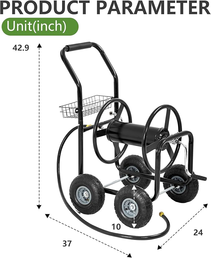 Hose Reel Hold Up To 300 Ft Heavy Duty Garden Hose Reel Sturdy Water Hose Reel Cart with 4 Wheels Storage Basket for Garden Lawn Yard Outdoor (Black)