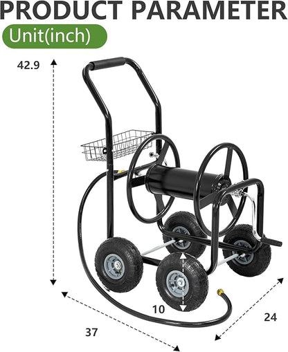 Hose Reel Hold Up To 300 Ft Heavy Duty Garden Hose Reel Sturdy Water Hose Reel Cart with 4 Wheels Storage Basket for Garden Lawn Yard Outdoor (Black)