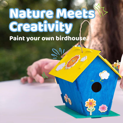 Neliblu DIY 12 Wooden Bird House Kits - Creative Arts and Crafts Set for Kids and Adults - Unfinished Wood Birdhouses with Paint Strips, Brushes, Stickers and Strings - 3 Unique Shapes, 2 Sizes