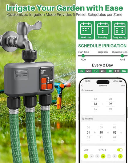 WiFi Sprinkler Timer 3 Zone with 984 Feet RF Gateway, 3 Outlet Smart Water Timer for Garden Hose with Rain Delay/Manual/Automatic,WiFi Water Hose Timers for Garden & Lawns