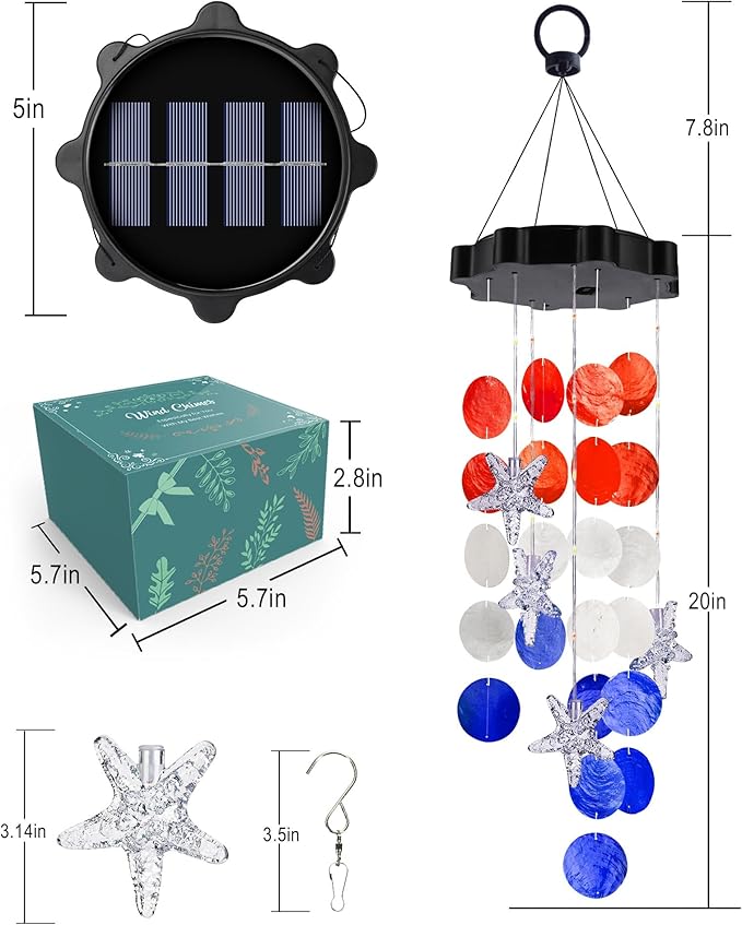 Toodour Solar Decorative Lights Outdoor, Red White Blue Shells Wind Chimes for Garden Porch Yard Window Decor, Gifts for Mom Grandma Women Wife Girls