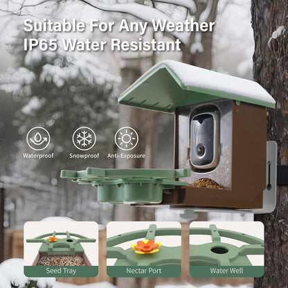 Smart Bird Feeder with Camera Solar Powered Outdoor - 2K HD Live Video, AI Bird ID, Squirrel-Proof, Instant Alerts & IP65 Weatherproof Outside, Great Gift for Familys & Friends