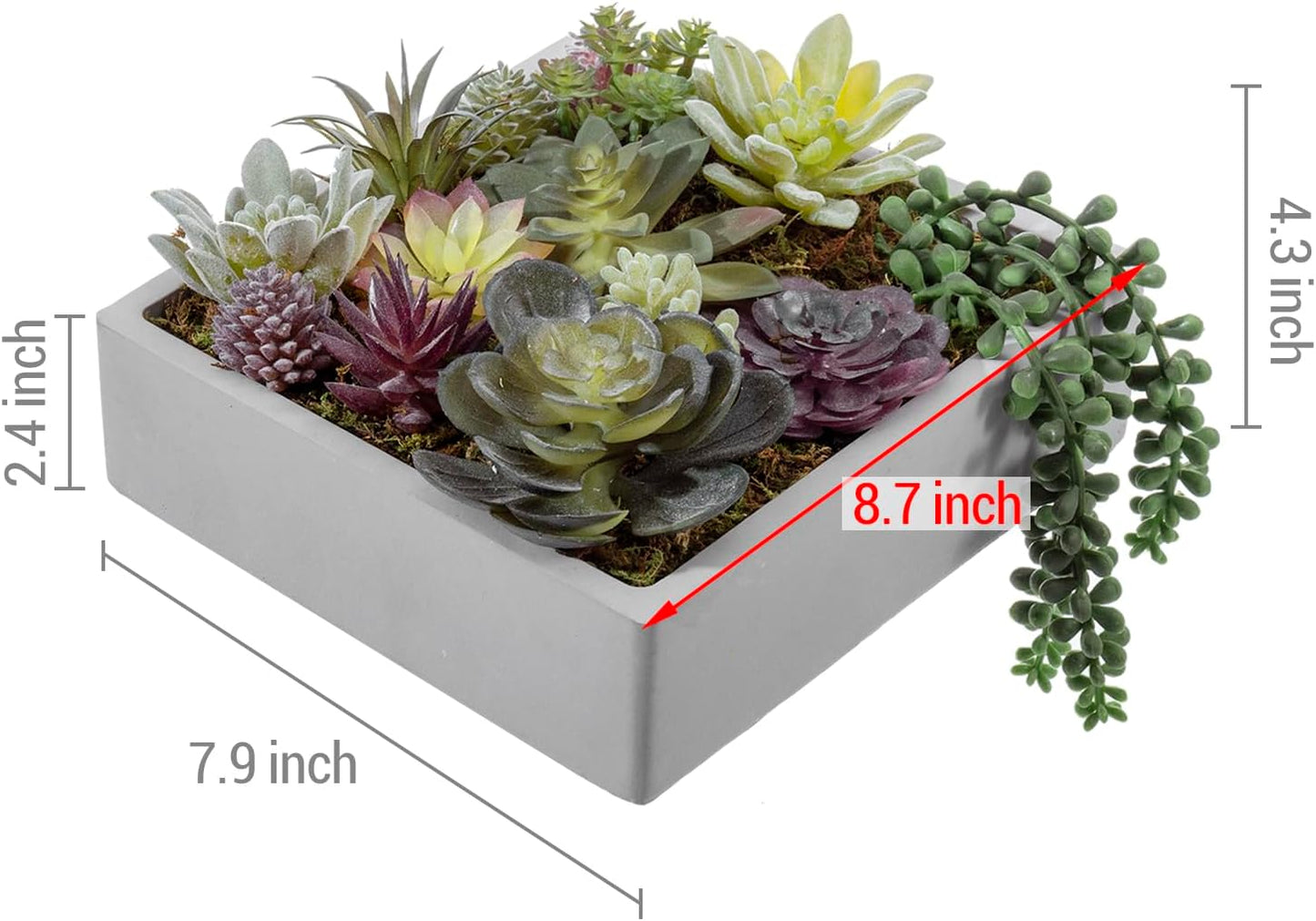 MyGift 8 Inch Square Modern Artificial Succulent Arrangement Potted in Gray Concrete Plant Bowl, Assorted Faux Mini Succulents in a Decorative Planter Pot