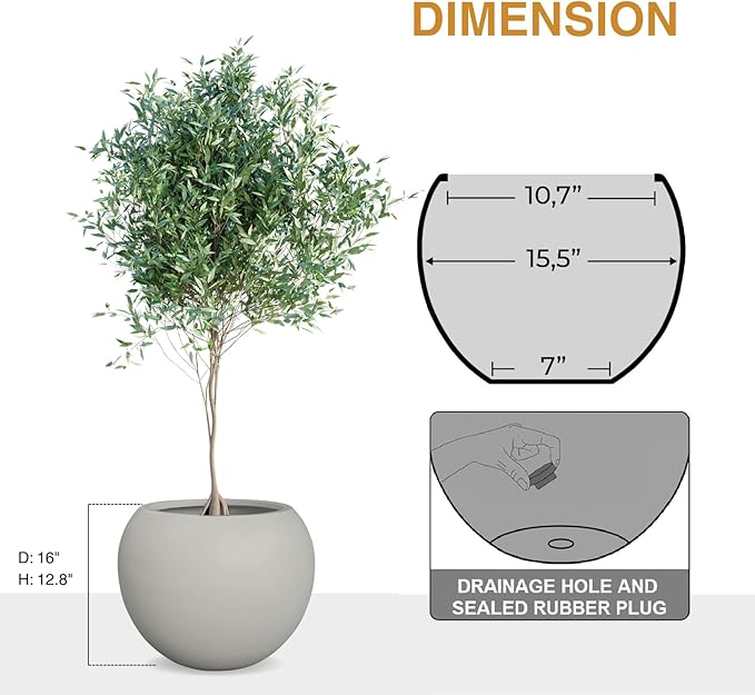 12.8”H x 16”D Globo Fiberstone Round Planter with Drainage Hole, Weather Resistant, Planters for Indoor Plants & Outdoor, 2 Extra Coco Mats (Light French Gray, 10.7” Pot Opening)