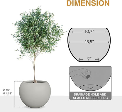 12.8”H x 16”D Globo Fiberstone Round Planter with Drainage Hole, Weather Resistant, Planters for Indoor Plants & Outdoor, 2 Extra Coco Mats (Light French Gray, 10.7” Pot Opening)