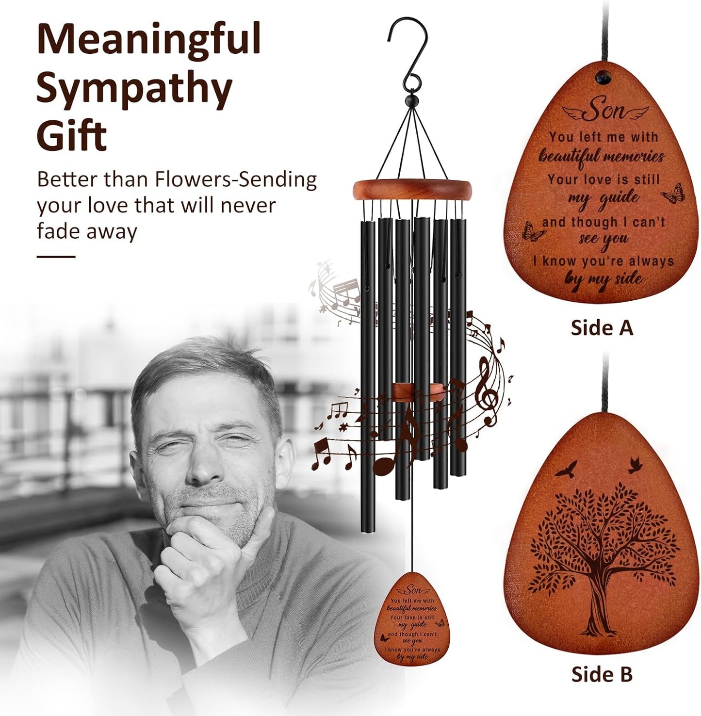 Memorial Gifts for Loss of Son,Memorial Wind Chimes 25'', Loss of Son Sympathy Gifts, Home Decor Outdoor Garden, Soothing Melodic Tones with Mute Option