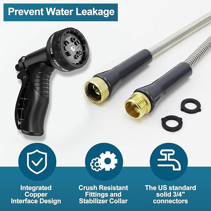 Stainless Steel Garden Hose 25ft Heavy Duty Metal Water Hoses with 10 Function Water Hose Nozzles for Yard Outdoor