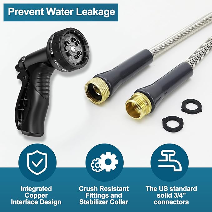 Stainless Steel Garden Hose 100ft Heavy Duty Metal Water Hoses with 10 Function Water Hose Nozzles for Yard Outdoor