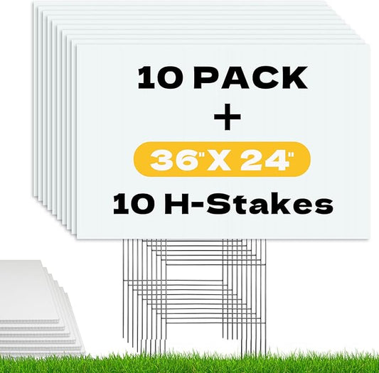 WENWELL Large Blank Yard Signs with Stakes 24" x 36 ",Poster Board for Estate Garage Sale,Party,Birthday,Wedding,Campaign,Parking Corrugated Plastic Sheet,10 Pack