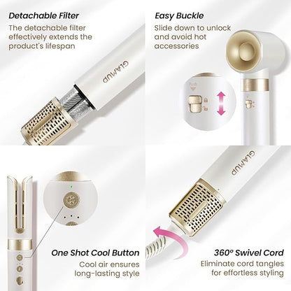 GLAMUP® 6 in 1 Hot Air Styler, Upgraded Long Barrel, Round Brush, Powerful High Speed Dryer, Tight Grip, Curling Volumizing Gift Set with Travel Bag