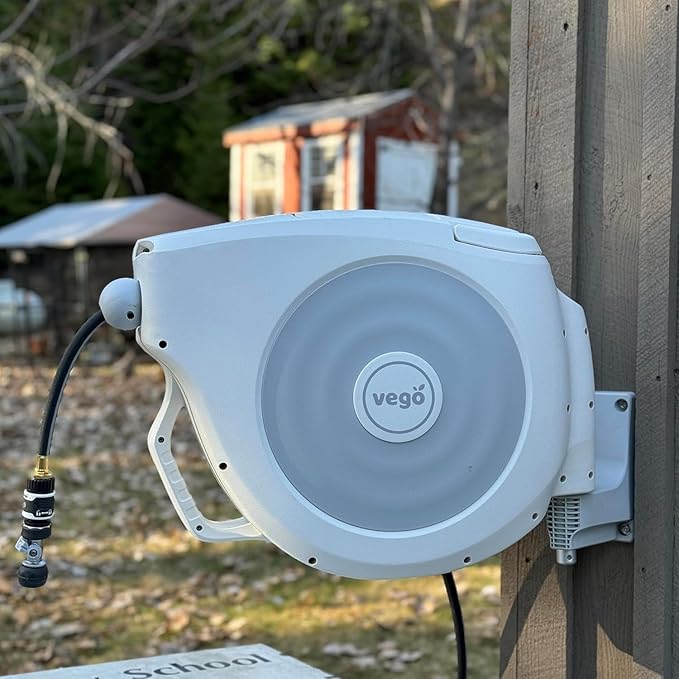 Vego Garden Hose Reel Retractable 1/2" x 100ft Wall Mounted Hose Reel Automatic Rewind, Any Length Lock with 9 Patterns Sprayer Nozzle, Quick Connector and Adjustable shot Nozzle