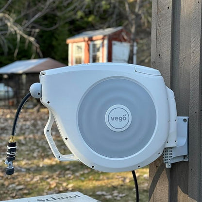 Vego Garden Hose Reel Retractable 1/2" x 100ft Wall Mounted Hose Reel Automatic Rewind, Any Length Lock with 9 Patterns Sprayer Nozzle, Quick Connector and Adjustable shot Nozzle