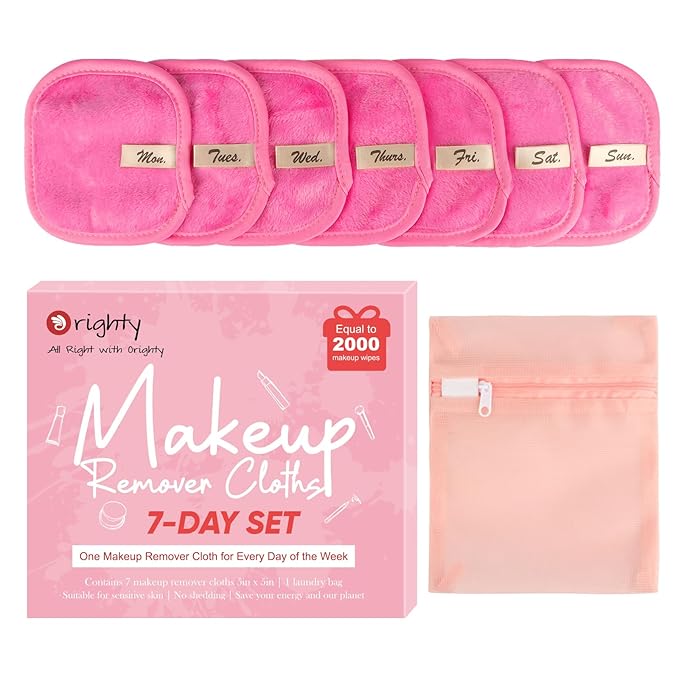 Orighty Makeup Remover Cloths 7-Day Set, Premium & Reusable Makeup Remover Pads, Erase Make-up With Just Water, Make-up Set For Eyes, Lips, Foundation and more, Ideal Choice For Women (Pink)