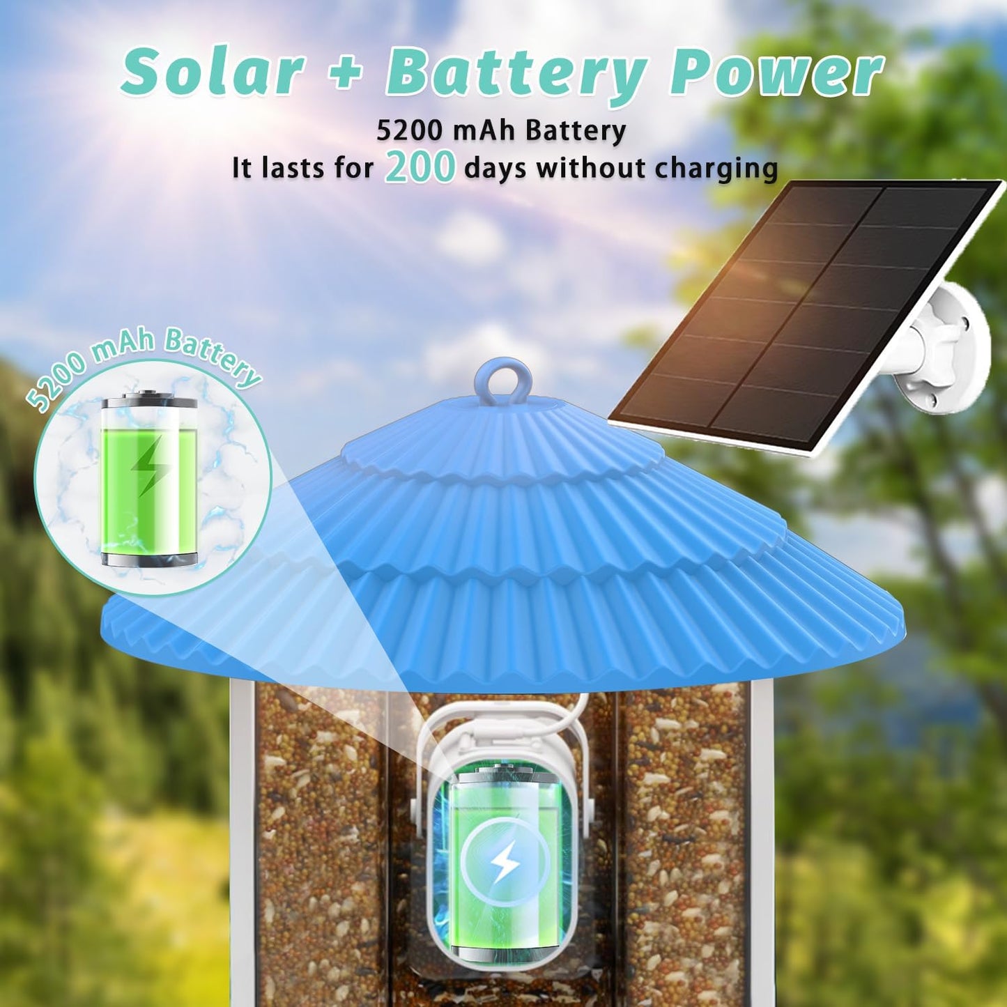 Smart Bird Feeder with Camera, Solar Powered Birds Watching Camera, 2K Night Vsion, AI Identify, Auto Capture & Live Video Watch Birds, Built-in TF, Ideal Gift for Outdoor Bird Watching Lover