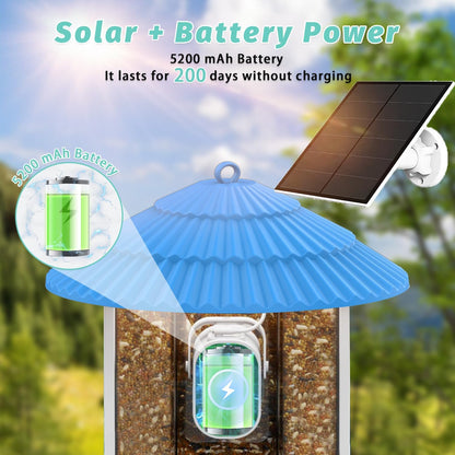 Smart Bird Feeder with Camera, Solar Powered Birds Watching Camera, 2K Night Vsion, AI Identify, Auto Capture & Live Video Watch Birds, Built-in TF, Ideal Gift for Outdoor Bird Watching Lover