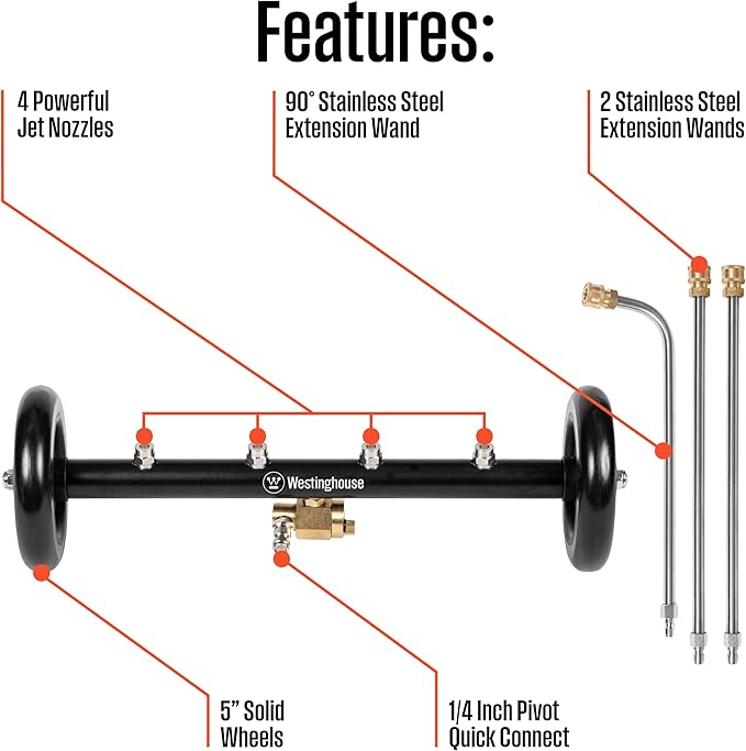 Westinghouse Universal 16" Pressure Washer Undercarriage Cleaner and Water Broom Attachment - 4400 PSI, 1/4" Connector - for Gas and Electric Pressure Washers