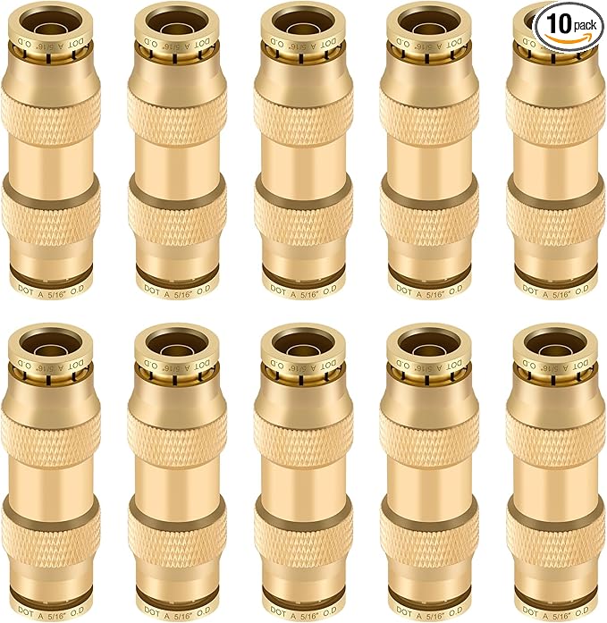 5/16" Quick Push to Connect Fittings Brass Union Straight Joint DOT Approved 5/16 inch tube OD Air Line Adapter Air Spring Suspension Kit for Car Truck Trailers and Air Brake System 10pcs