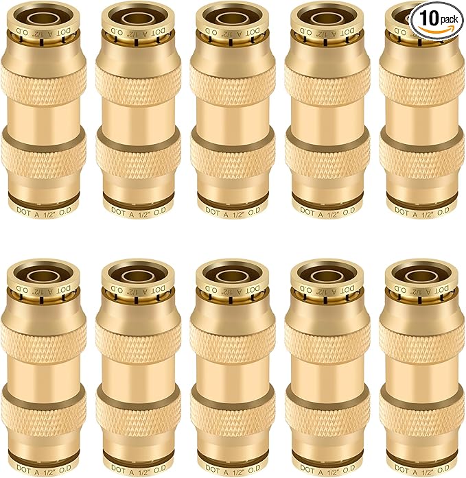 1/2" Quick Push to Connect Fittings Brass Union Straight Joint DOT Approved 1/2 inch tube OD Air Line Adapter Air Spring Suspension Kit for Car Truck Trailers and Air Brake System 10pcs