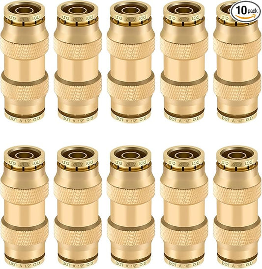 1/2" Quick Push to Connect Fittings Brass Union Straight Joint DOT Approved 1/2 inch tube OD Air Line Adapter Air Spring Suspension Kit for Car Truck Trailers and Air Brake System 10pcs