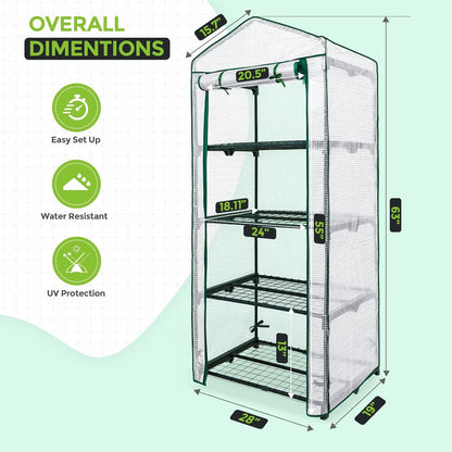 EAGLE PEAK 4-Tier Mini Greenhouse Portable Green House with Shelves & Weather-Resistant PE Cover, Small Greenhouse for Seedlings & Gardening Gifts, 27x19x64 in, Clear/White