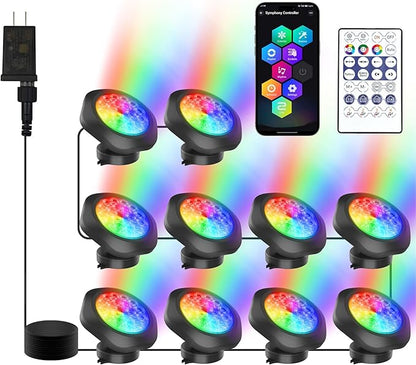 RGB Underwater Pond Lights, Super Bright 18 LED Submersible Fountain Lights Color Changing Spotlights, Bluetooth APP Control IP68 Waterproof for Fish Aquarium Tank Garden Yard Pool(Set of 10)